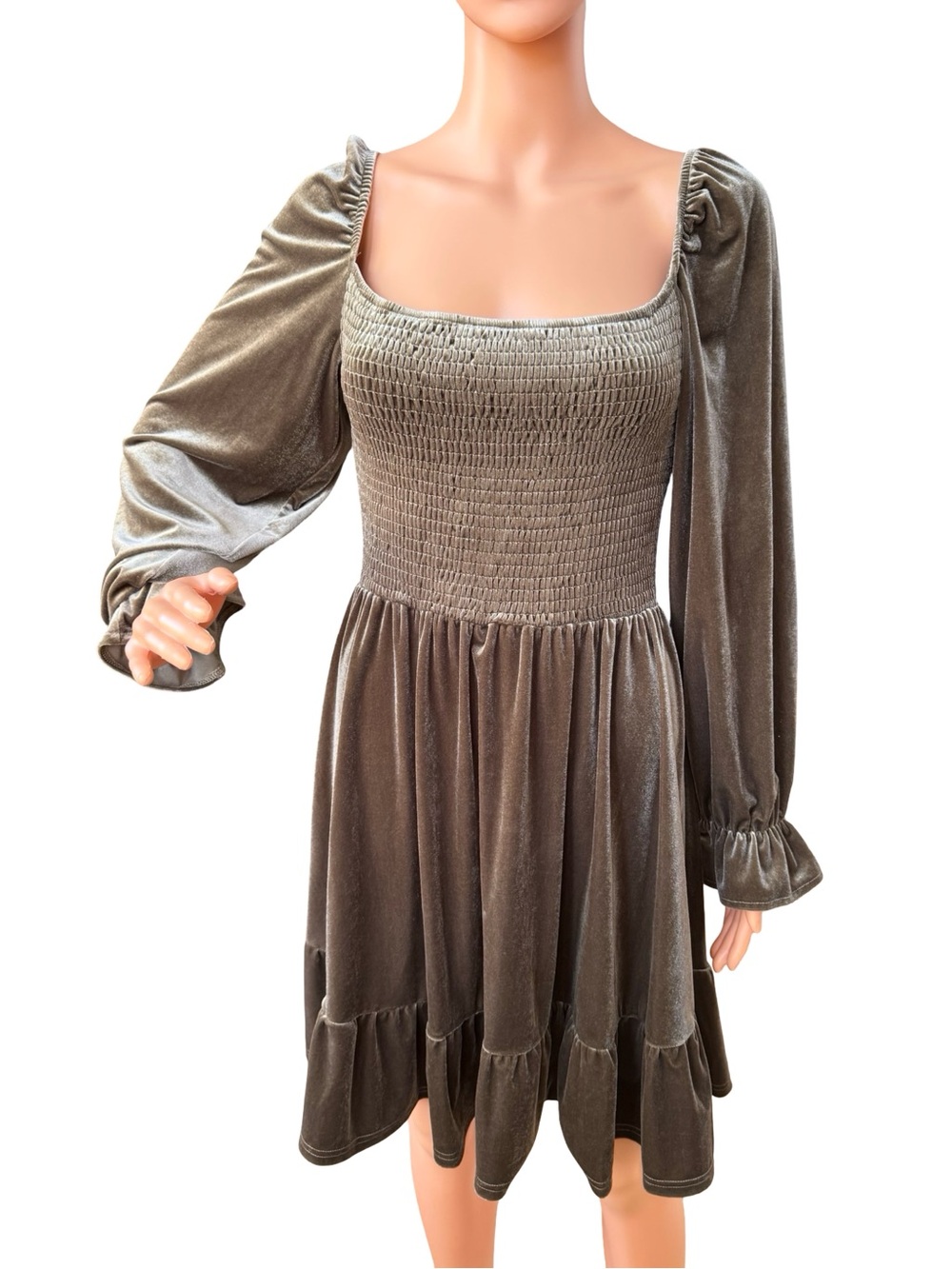 Velvet Smocked Long-Sleeve Mini Dress - Taupe
